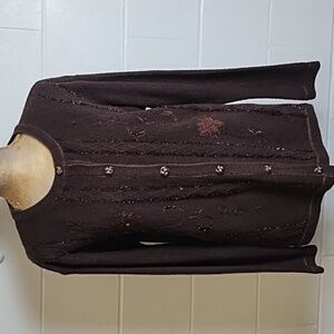 Brown Embellished Mid-Weight Cardigan Button Up Sweater XL